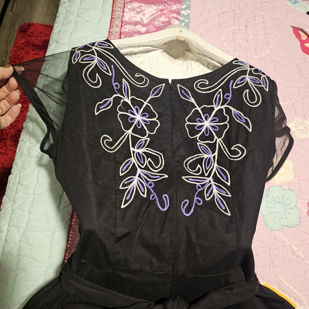 Eshakti Filigree Embroidery Embelished Tulle Overlay Poplin Dress Size 8 Pockets - Picture 6 of 15